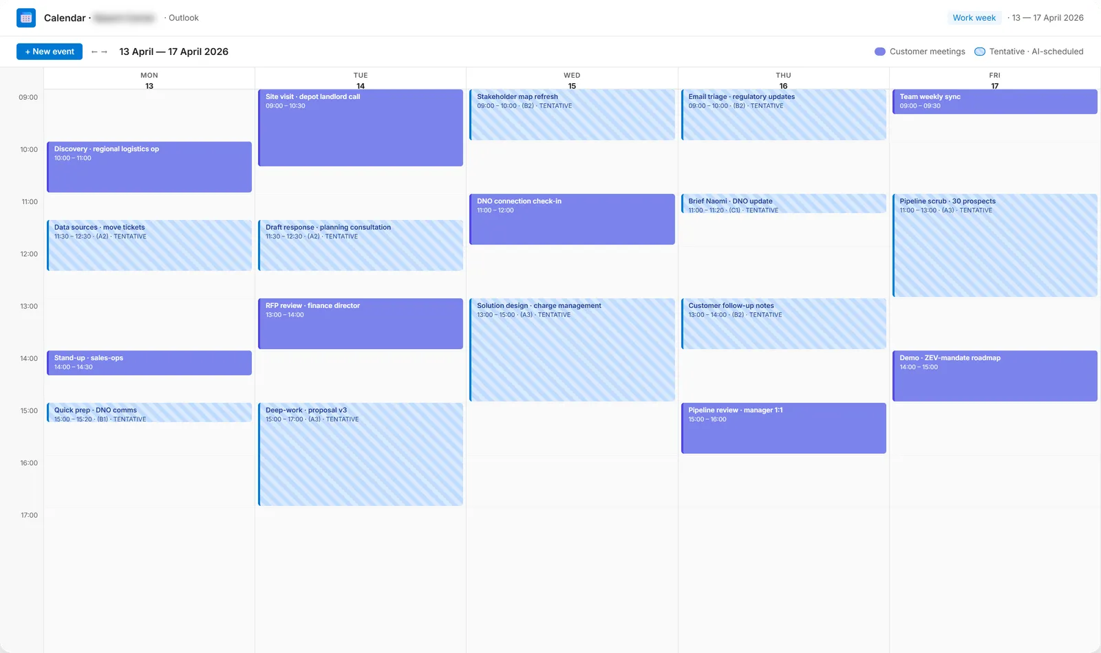 Outlook · AI-scheduled blocks (blue, tentative) around existing customer meetings