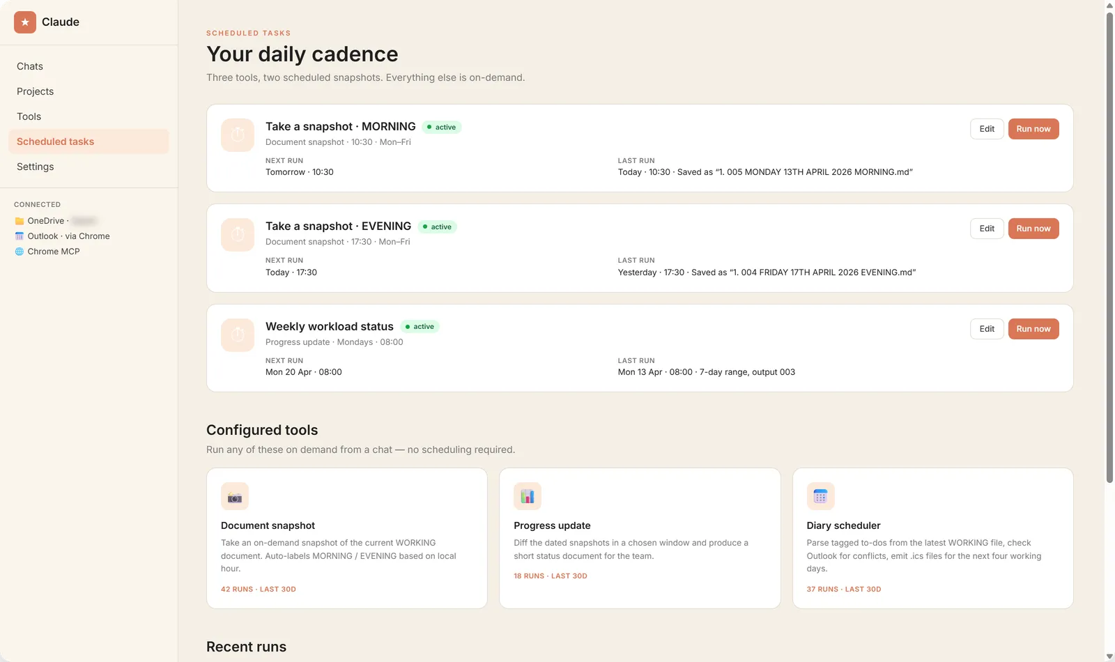 Claude · three configured tools, two scheduled snapshots, run history