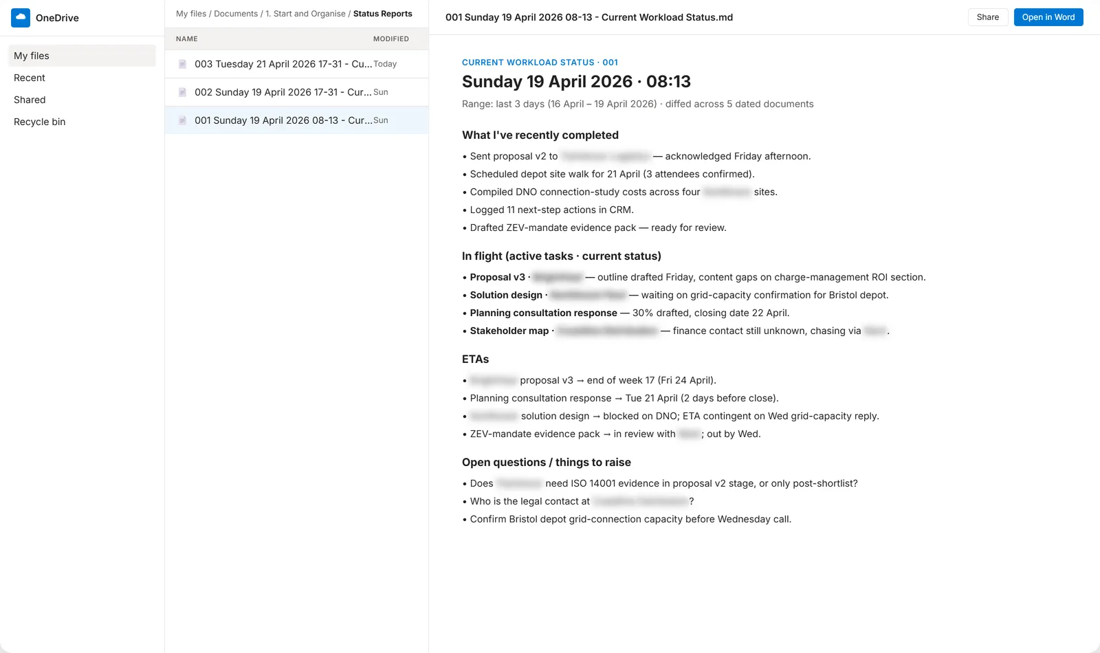 Workload status report · diffed across snapshots, ready for the team update