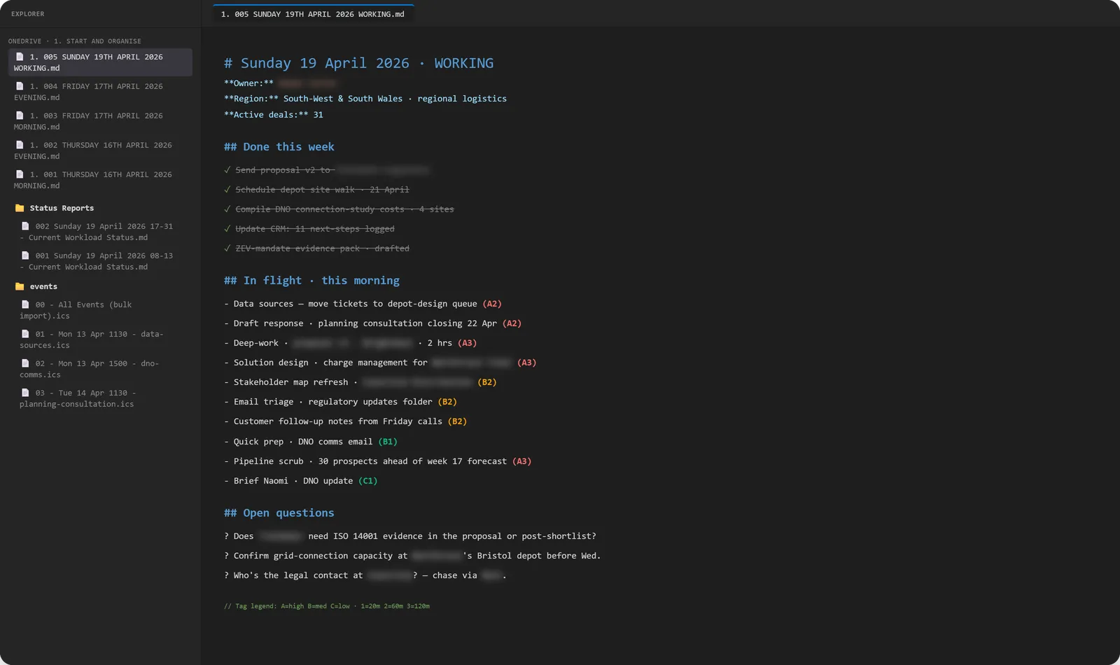 Working document · tagged to-dos with priority + duration codes