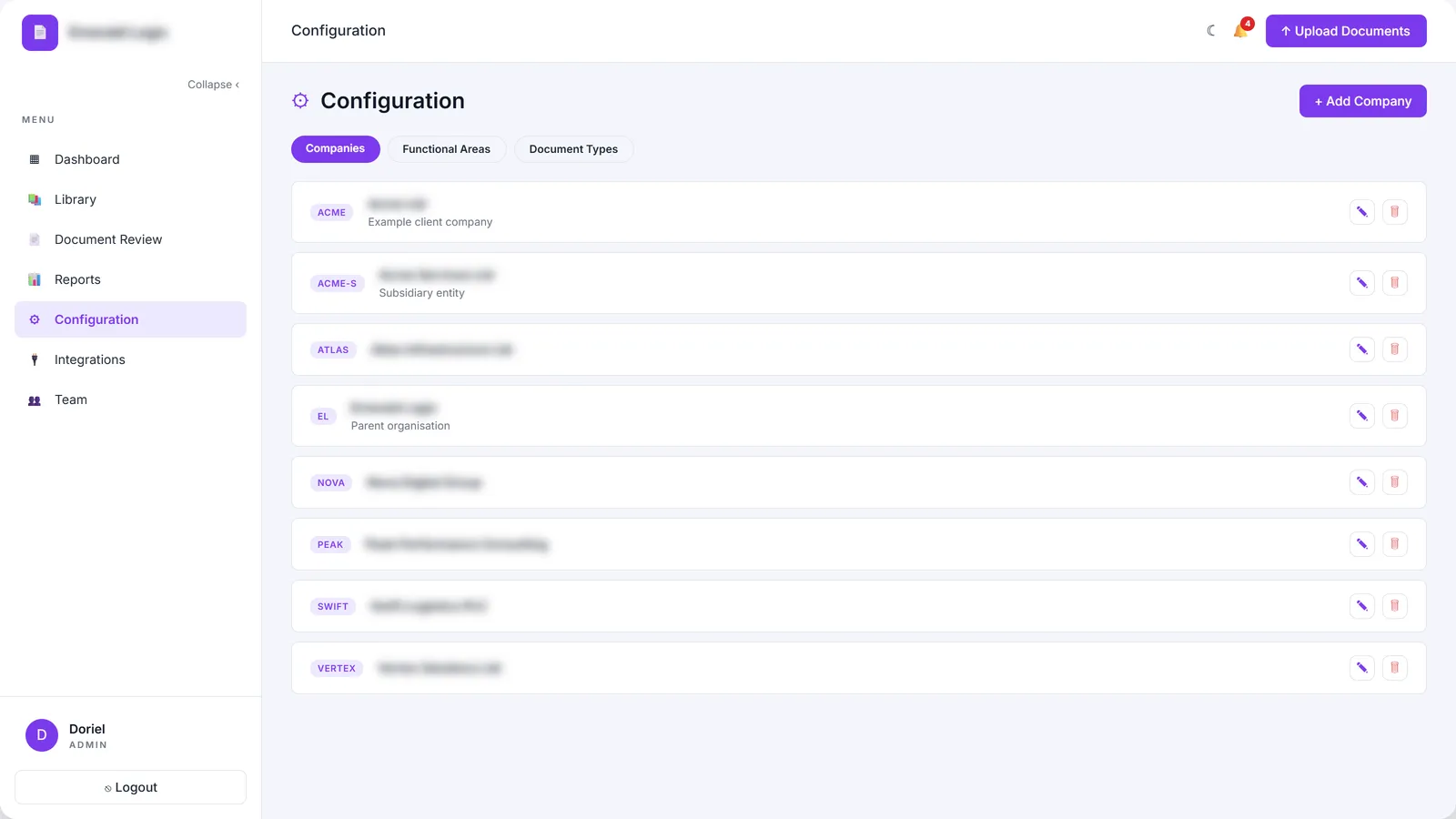 Configuration · companies, functional areas, document types