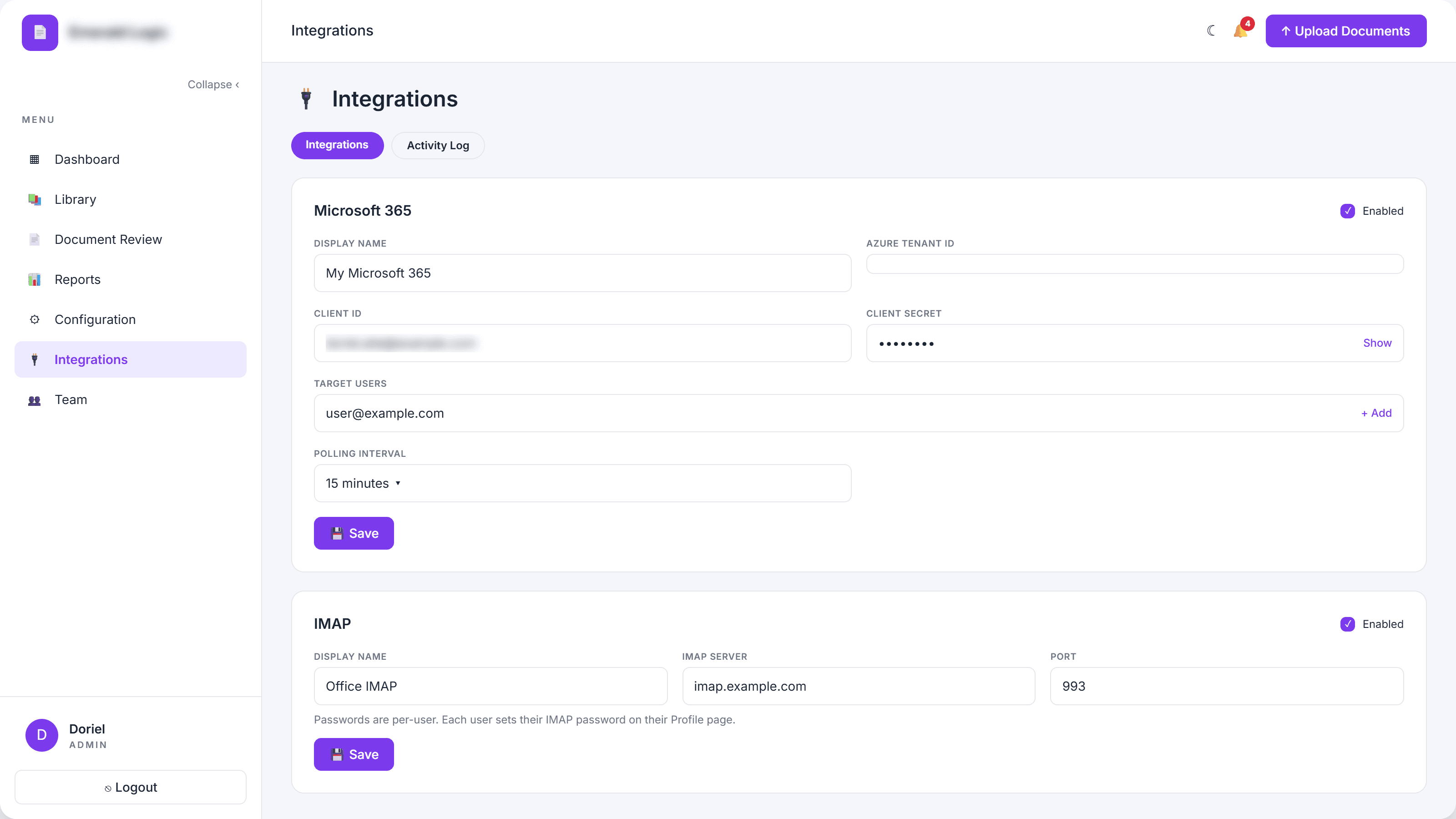 Integrations · Microsoft 365 + IMAP