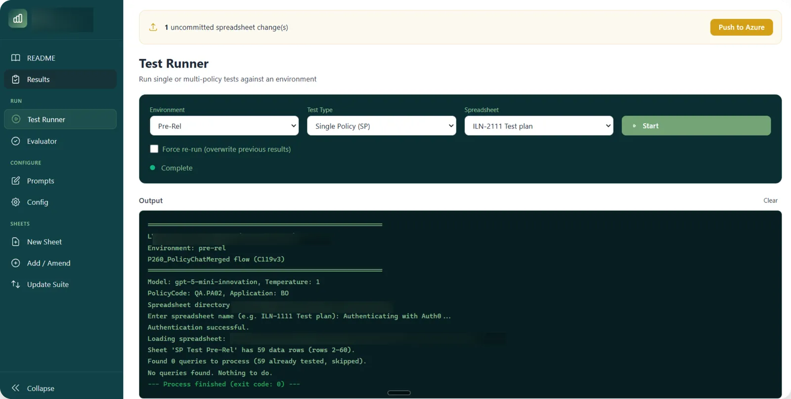 Test runner · live SSE log of the runner subprocess