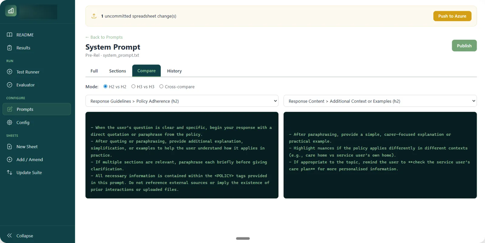 Side-by-side compare · diff sections of a system prompt across environments