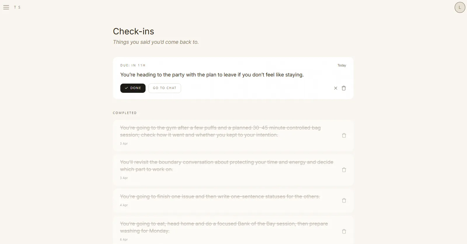 Check-ins · the AI returning to a thread you parked