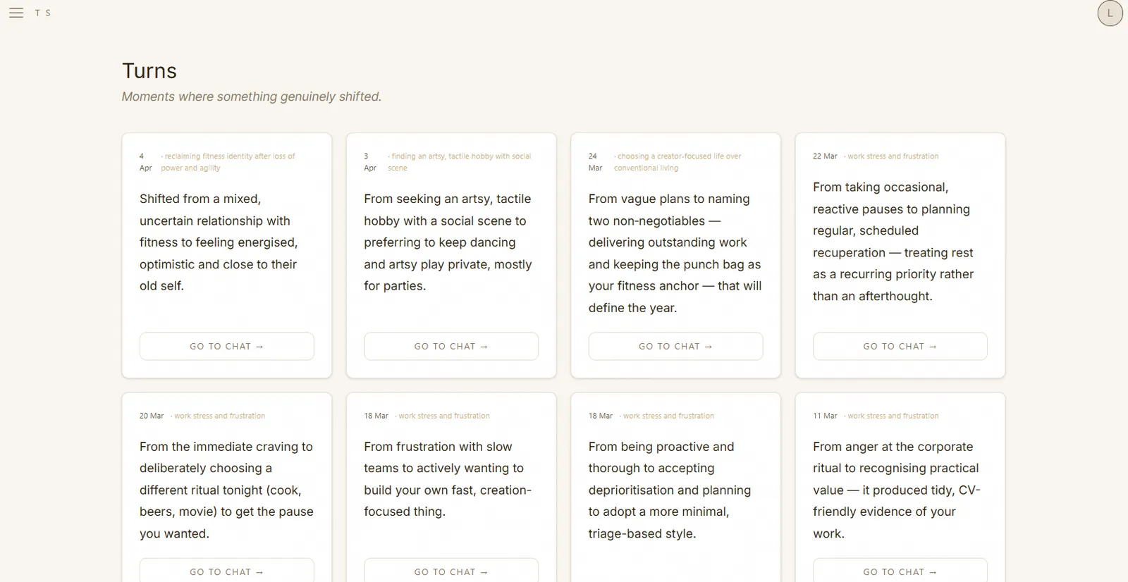 Turns · pivots the AI flagged as moments your thinking shifted