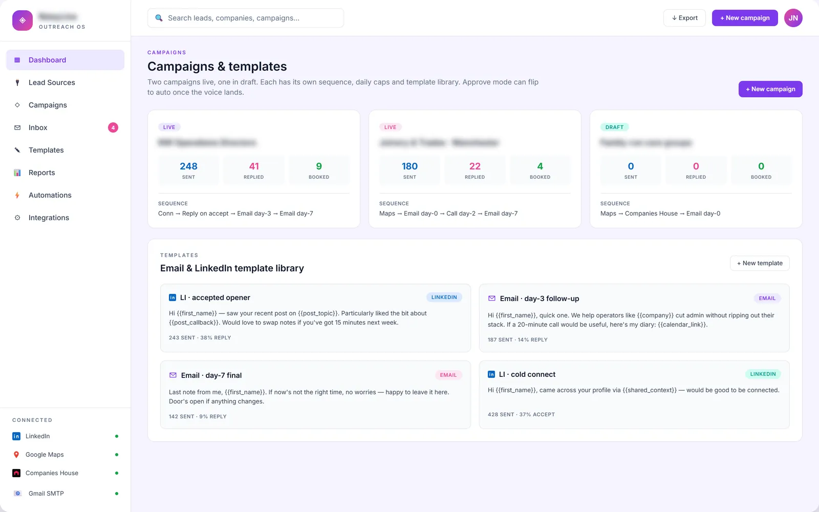 Campaigns & templates · sequences, send caps, template library with reply-rate metrics